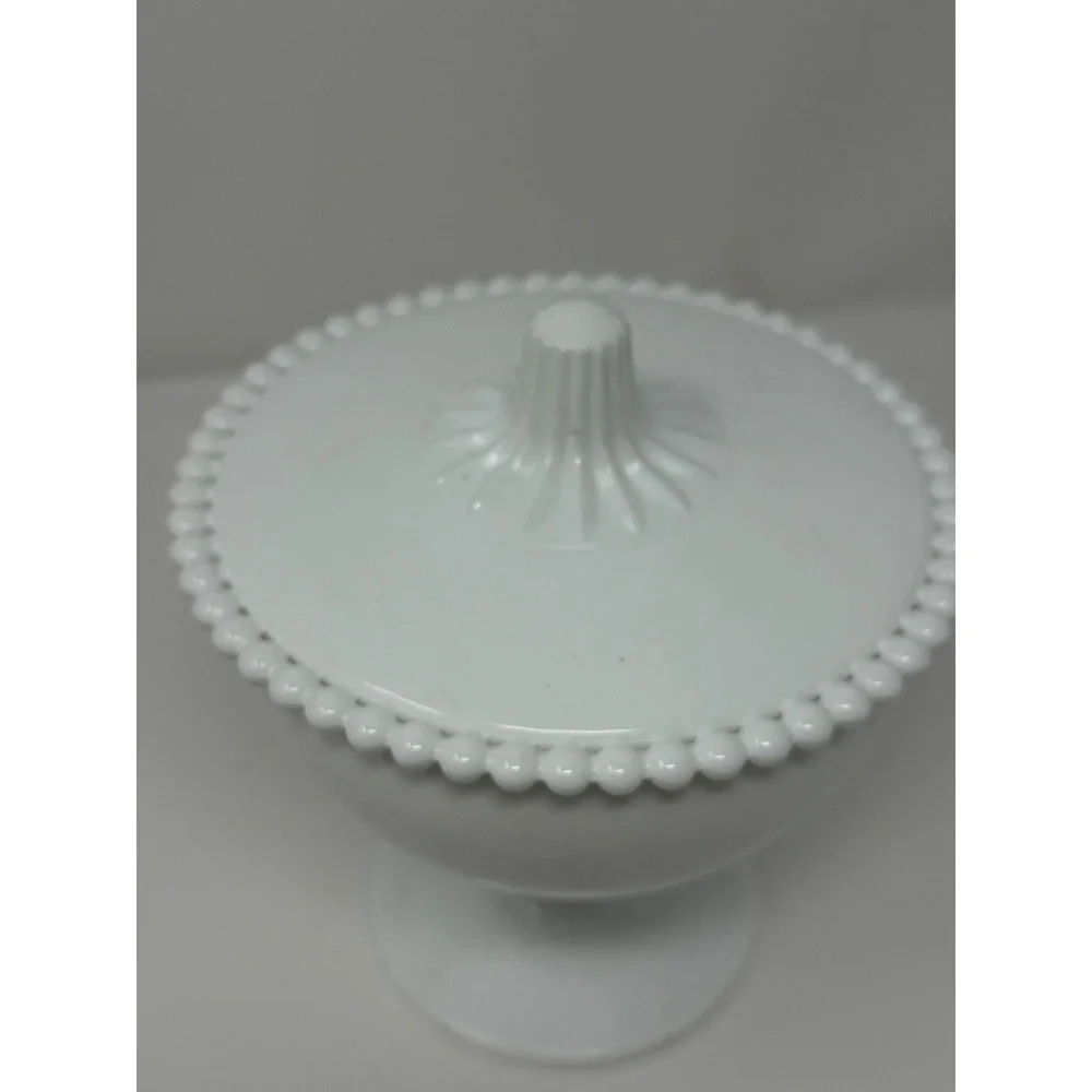 Indiana Glass Milk Glass Candy Box with Cover White Beaded Pedestal Dish Vintage